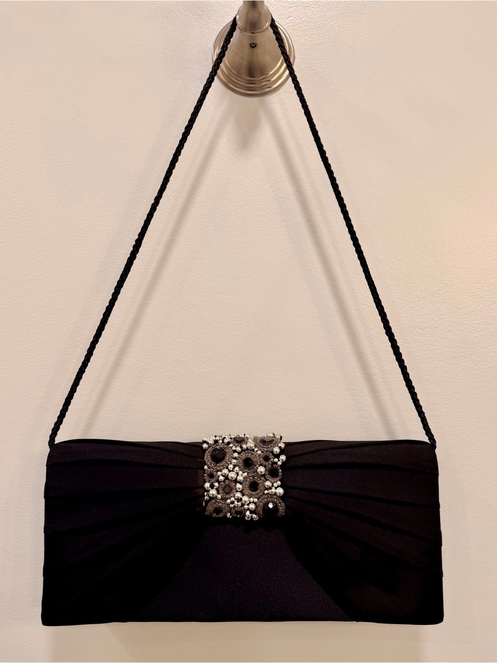 Jessica McClintock Elegant Black Evening Clutch with Crystal Accent